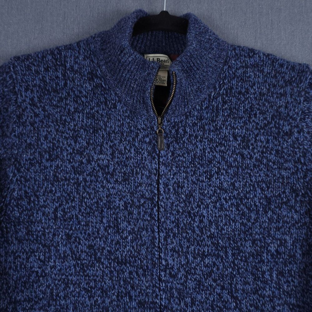 LL Bean Ragg Wool Sweater Mens Large Blue Marled Knit Flannel Lined Full Zip